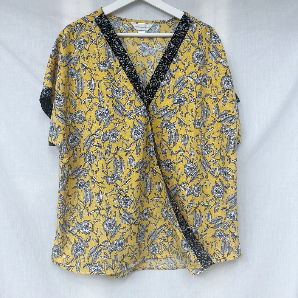 Christopher & Banks Women's Black & Yellow Wrap Blouse (PolkaDot Border) - Sz XL